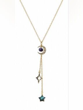 Handmade Gold Moon & Star Pendant - Fluorite and Labradorite Moon Necklace